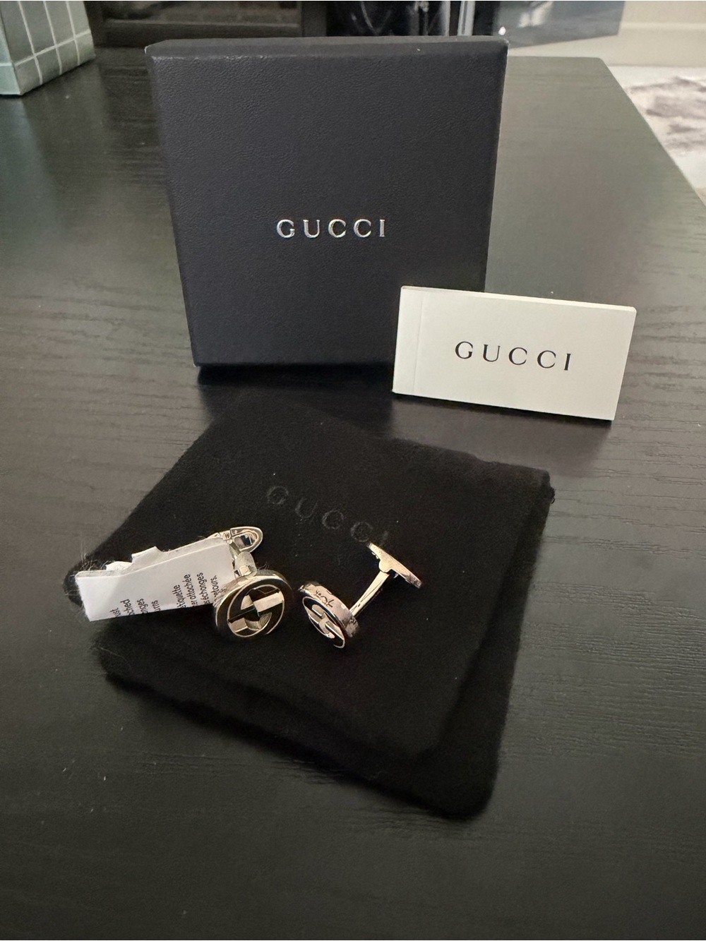 Gucci Silver and Black Interlocking G Cufflinks